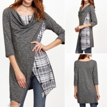 Fashion Lattice 3/4 Sleeve Crossover Irregualr Slim Fit Tops