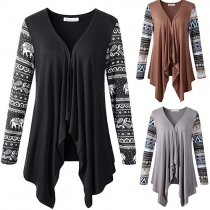 Fashion Geometric Spliced Long Sleeve Irregular Hemline Knit Cardigan