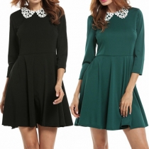 Fashion Solid Color Lace Doll Collar Pleated Dress 