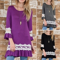 Fashion Lace Spliced Round Neck 3/4 Sleeve Dress 