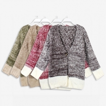 Fashion Casual Spliced Long Sleeve Knit Cardigan Sweater 