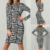 Fashion Printed Long Sleeve Round Neck Slim Fit Dress