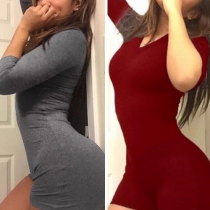 Fashion Sexy Solid Color Round Neck Long Sleeve Jumpsuits 
