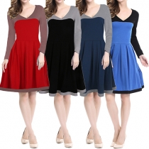 Fashion Color Spliced Deep V-neck Long Sleeve Pleated Dress 