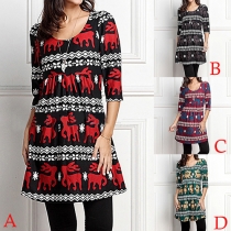 Fashion Animals Printed 3/4 Sleeve Round Neck Dress 