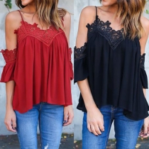 Fashion Sexy Lace Spliced Cold Shoulder Chiffon Tops 