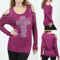 Fashion Hot Fix Rhinestone Cold Shoulder Long Sleeve Tops 