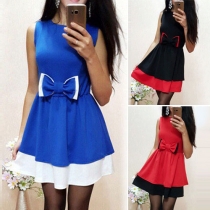 Fashion Sweet Color Spliced Bowknot Waist Sleeveless Dress 
