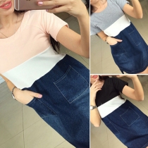 Fashion Spliced Round Neck Short Sleeve Front Pocket Denim Dress  