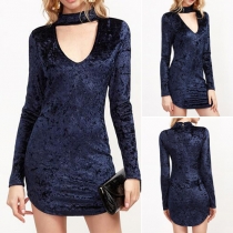Fashion Sexy Solid Color V-neck Long Sleeve Halter Dress 