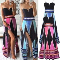 Sexy Strapless Slit Hem High Waist Printed Maxi Dress
