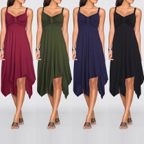 Sexy Backless V-neck Irregular Hem Solid Color Sling Dress