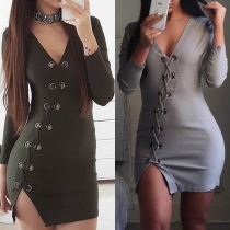 Sexy Deep V-neck Slit Hem Long Sleeve Lace-up Tight Dress