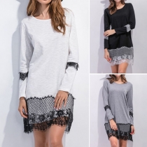 Fashion Lace Spliced Long Sleeve Round Neck Dress