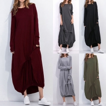 Fashion Solid Color Long Sleeve Round Neck Elastic Hem Maxi Dress