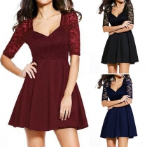 Sexy V-neck Lace Spliced Half Sleeve High Waist Dress