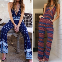 Fashion Casual Flower Printed Sleeveless V-neck Sling Jumpsuits