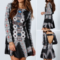 Fashion Retro Printed Long Sleeve Backless Swing Dress 