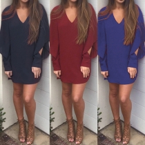 Fashion Sexy Solid Color V-neck Long Sleeve Chiffon Dress 