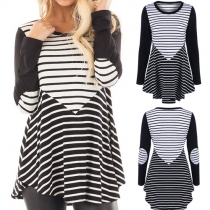 Fashion Contrast Color Striped Long Sleeve Irregular Hemline Tops 