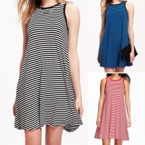 Fashion Striped Round Neck Sleeveless Slim Fit Dress 
