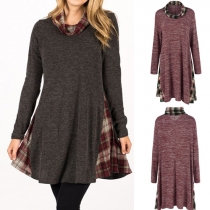 Fashion Pile Collar Lattice Spliced Long Sleeve Irregular Hemline Tops 