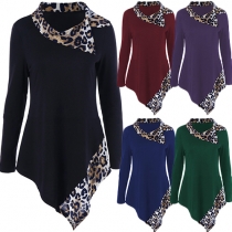 Fashion Leopard Color Spliced Shawl Collar Irregular Hemline Tops 