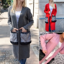 Fashion Solid Color Long Sleeve Front Woolen Pocket Cardigan 