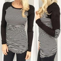 Fashion Long Sleeve Round Neck Striped Spliced T-shirt