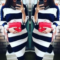 Fashion 3/4 Sleeve Round Neck Slim Fit Striped Dress