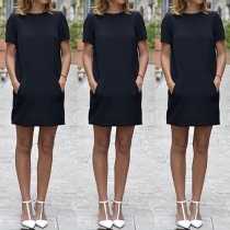 Fashion Solid Color Short Sleeve Round Neck Dress