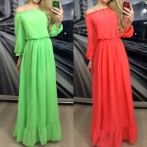 Elegant Solid Color Boat Neck Long Sleeve High Waist Chiffon Maxi Dress