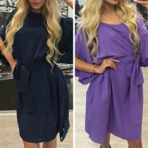 Fashion Solid Color Slit Half Sleeve Round Neck Dress