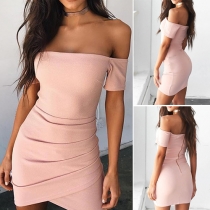 Sexy Off-shoulder Boat Neck Short Sleeve Solid Color Slim Fit Dress
