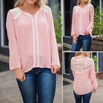 Fashion Lace Spliced Long Sleeve V-neck High-low Hem Blouse