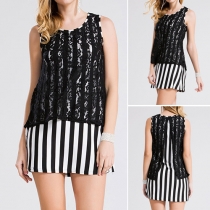 Fashion Lace Spliced Sleeveless Round Neck Striped Dress
