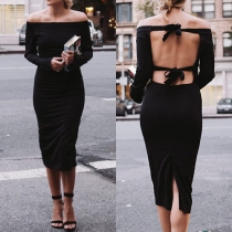 Sexy Backless Boat Neck Slit Hem Slim Fit Party Dress