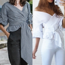 Sexy Deep V-neck Lantern Sleeve Crossover Lace-up Blouse