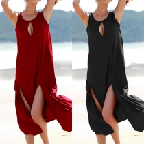Sexy Hollow Out Round Neck Slit Hem Sleeveless Maxi Dress