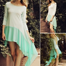 Fashion Contrast Color Long Sleeve Round Neck Irregular Hem Dress