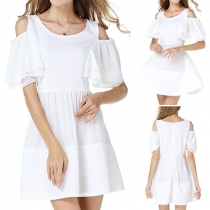 Sexy Off-shoulder Lotus Sleeve Round Neck Solid Color Chiffon Dress