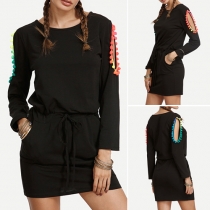 Sexy Tassel Off-shoulder Long Sleeve Round Neck Dress