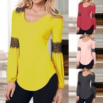 Fashion Lace Spliced Long Sleeve Round Neck T-shirt