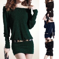 Fashion Sexy Solid Color Off Shoulder Long Sleeve Slim Fit Dress 