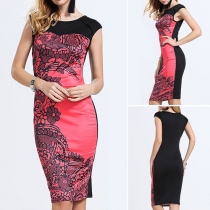 Fashion Elegant Floral Printed Round Neck Slim Fit Midi Dress 