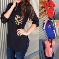 Fashion Casual Leopard Pocket Long Sleeve Slim Fit Chiffon Blouse