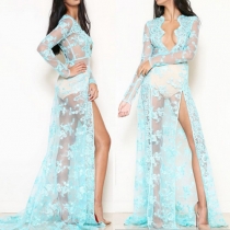 Fashion Sexy Gauze Deep V-neck Long Sleeve Slit Hemline Maxi Dress 