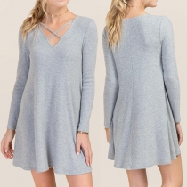 Fashion Solid Color Front Crossover Long Sleeve Dress 