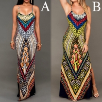 Fashion Sexy Retro Digital Printed Backless Sling Dress