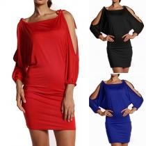 Fashion Sexy Solid Color Cold Shoulder Bandage Slim Fit Dress 